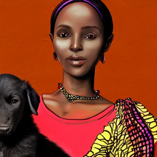 Image similar to a 3 0 year old somali woman, pregnant, next to a black puppy, full body, ultra detailed fantasy, bright, colorful, realistic