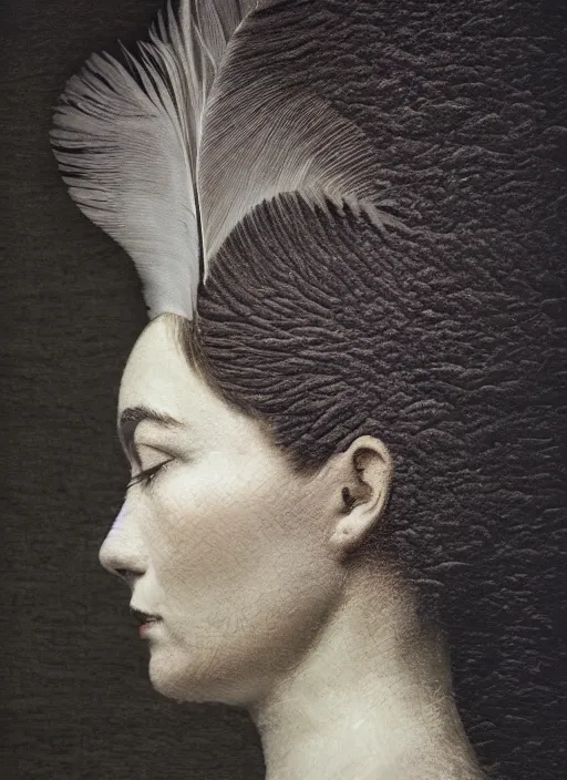 Image similar to a woman's face in profile, made of elaborate swan feathers, in the style of the Dutch masters and Gregory Crewdson, dark and moody