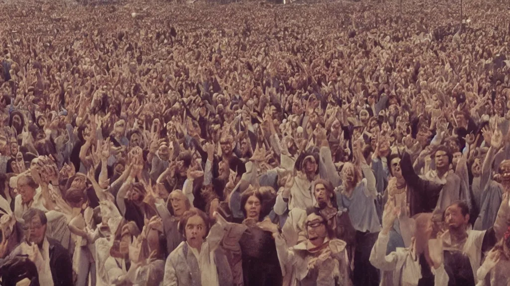 Prompt: movie still of a crowd waving saying good morning, cinematic composition, cinematic light, by alejandro jodorowsky