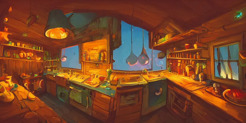 Image similar to epic illustration fisheye lens of a wooden kitchen dim lit by 1 candle in a scenic environment by Anton Fadeev and Steve Purcel