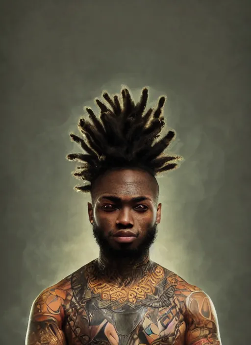 Prompt: Realistic Black man with burning tattoos, superpowers, superhero, tied Dreadlock hair, artistic pose, light atmosphere, cinematic shot, intricate, ornate, photorealistic, ultra detailed, realistic, 100mm, photography, octane, high definition, depth of field, bokeh, 8k, artstation