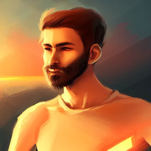 Prompt: young man with a light beard, beautiful sunset, high definition, concept art, digital painting, art station, sharp focus, art by Bowater and Charlie