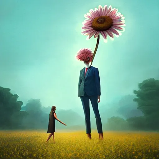 Image similar to giant daisy flower as a head, frontal, girl in a suit, surreal photography, sunrise, dramatic light, impressionist painting, digital painting, artstation, simon stalenhag