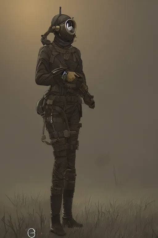 Image similar to medieval british sas female operative with the standard s 1 0 gas mask and the black uniform, artstation, trending on artstation, establishing shot, by simon stalenhag