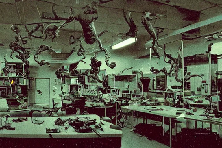 Image similar to a scary filmic wide shot color ground level angle movie still 35mm film photograph of the full body of a dangerous shape shifting alien creature, with multiple mutated snarling drooling human faces with a grotesque variety of human and animal limbs protruding from its lower torso inside of a 1970s science lab, neon lights, dirty, ektachrome photograph, volumetric lighting, f8 aperture, cinematic Eastman 5384 film