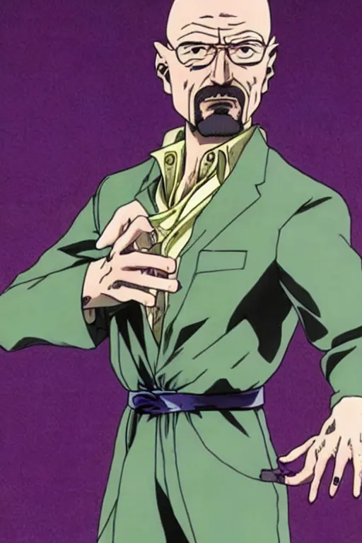 Prompt: Walter white in Jojos bizarre adventure, anime by hirohiko araki,