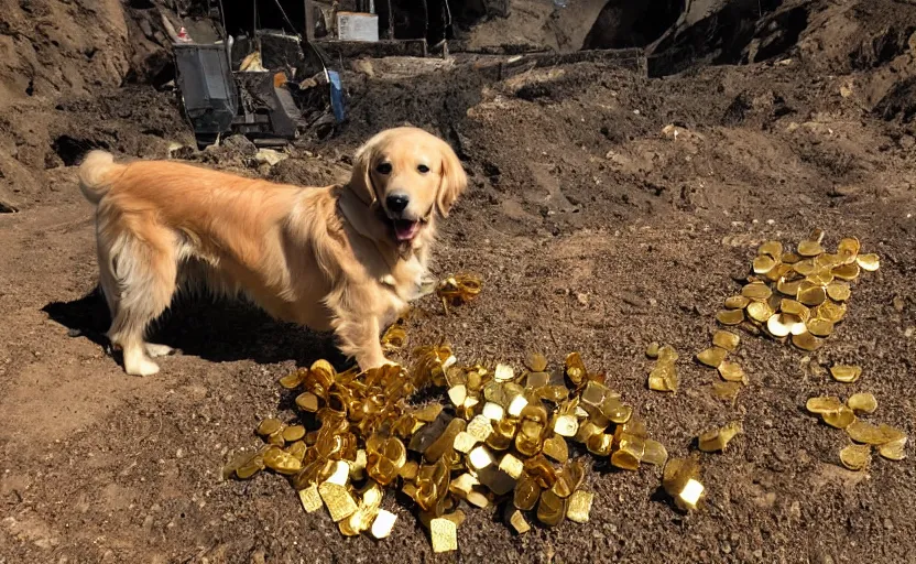 Prompt: photo of a golden retriever in a dark gold mine wearing a western hat and finding piles of gold nuggets