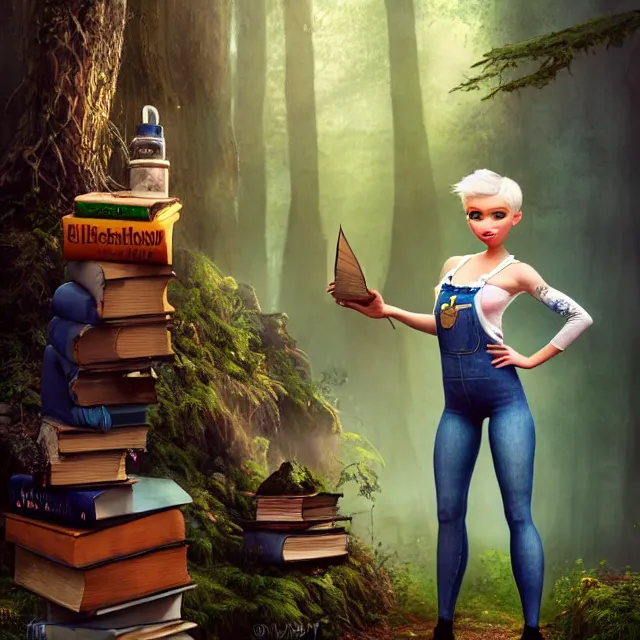 Prompt: full body pose, beautiful adult fairy, pixar, short white hair shaved sides, dirty, grungy, grunge, long sleeve, painted overalls, magic stacks of giant books in a forest, highly detailed, 4 k, hdr, smooth, sharp focus, high resolution, award - winning photo, artgerm, photorealistic