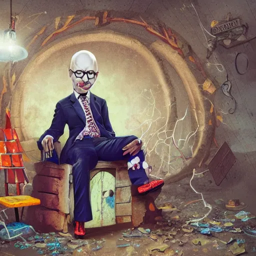 Image similar to sad klaus schwab wearing bizarre clown makeup, and intricate clown costume, sitting on a throne in an abandoned outhouse, by rossdraws, vivid colors, studio lighting, digital artwork, uhd, best of artstation