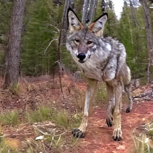 Prompt: trailcam footage of native weird distorted body Skinwalker transforming into a coyote