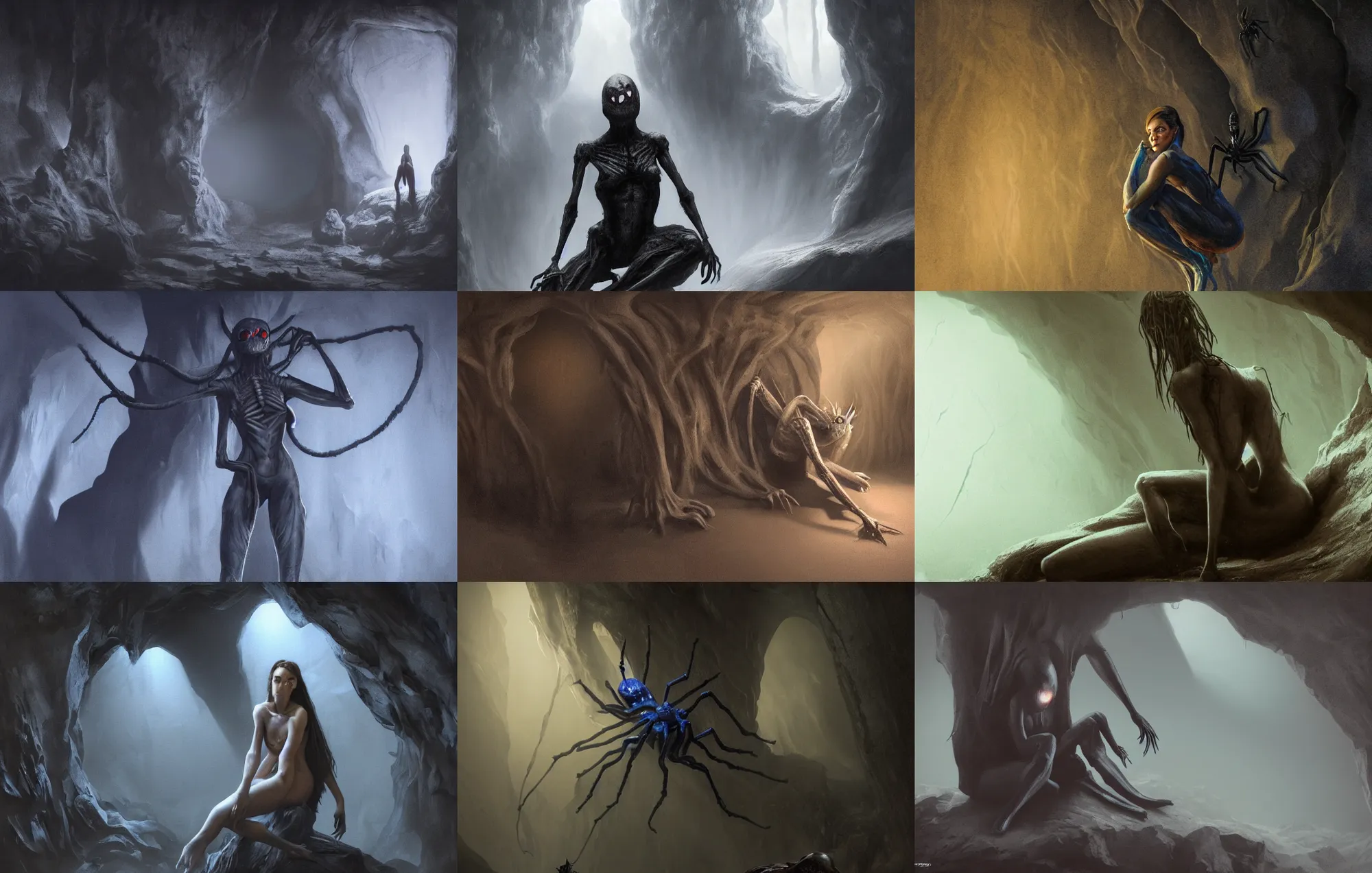 Prompt: creepy matte painting of a female drider sitting in a dark cave, ultra detailed, monster, half human half spider, human torso, spider abdomen, creature design, dnd, d & d, concept art, octane render, 8 k, moody lighting, muted colors, blue tone light, dramatic lighting, realistic, john singer sargent