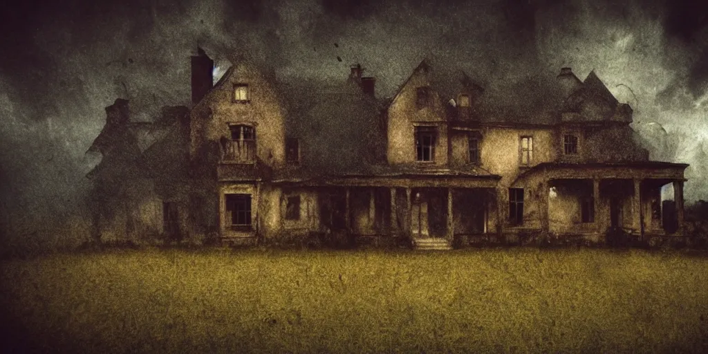 Prompt: autochrome of a horror farmhouse in a stormy rainy place, matte Caravaggio horror painting, particle dust effect, light leak, unreal engine 8k render photorealistic, volumetric lighting atmosphere, golden hour, detailed, horrortale, fantasy, low saturation color scheme, its a beautiful and sad horror photograph, stunning postprocessing, Goya, Caravaggio, Brian Froud,