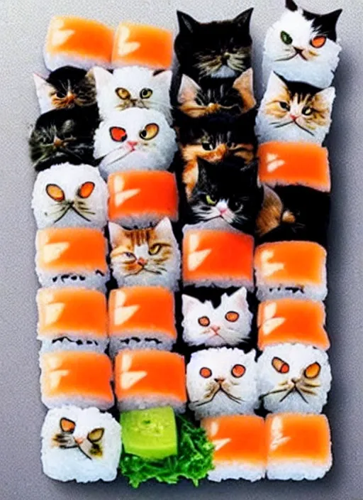 Image similar to clear photorealistic picture of adorable cats made out of sushi