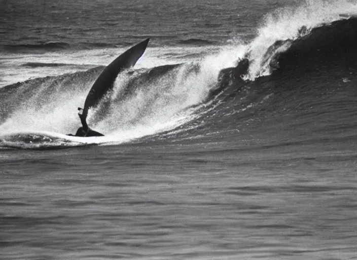 Prompt: color photo of a shark fin in the water and a surfergirl riding a big wave in the 8 0's