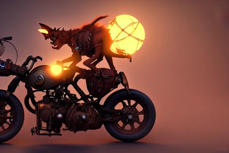 Image similar to a goblin riding a steampunk motorcycle, sunlit daytime, volumetric light, hyperdetailed, artstation, cgsociety, 8k