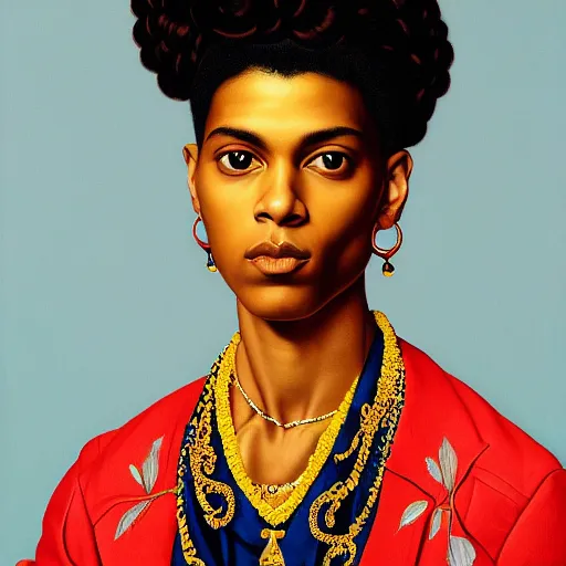 Image similar to A portrait of a skinny trendy and enchanting non-binary person, light skin tone, Indian, oil painting by Kehinde Wiley, majestic, detailed, high resolution