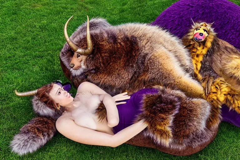 Image similar to Giant monster loafing in the backyard. Brown and purple fur, yellow claws and teeth, green eyes, curled horns, relaxed demeanor. A young couple relaxes next to the monster, snuggled up to its fur.