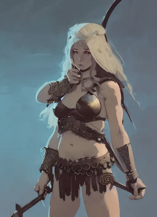 Image similar to portrait of cute muscular warrior girl cowered in celtic tattoos, dressed in armor bikini, holding a sword, dark fantasy, by atey ghailan, by greg rutkowski, by greg tocchini, by james gilleard, by joe gb fenton, by kaethe butcher, dynamic lighting, gradient light blue, brown, blonde cream and white color in scheme, grunge aesthetic