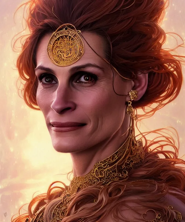 Image similar to Julia Roberts as a fantasy magic woman portrait, sci-fi, amber eyes, face, long hair, fantasy, intricate, elegant, highly detailed, digital painting, artstation, concept art, smooth, sharp focus, illustration, art by artgerm and greg rutkowski and alphonse mucha