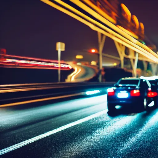 Prompt: nighttime on a Highway, Closeup of a couple hugging, the cars are rushing past them. they are illuminated by the lights