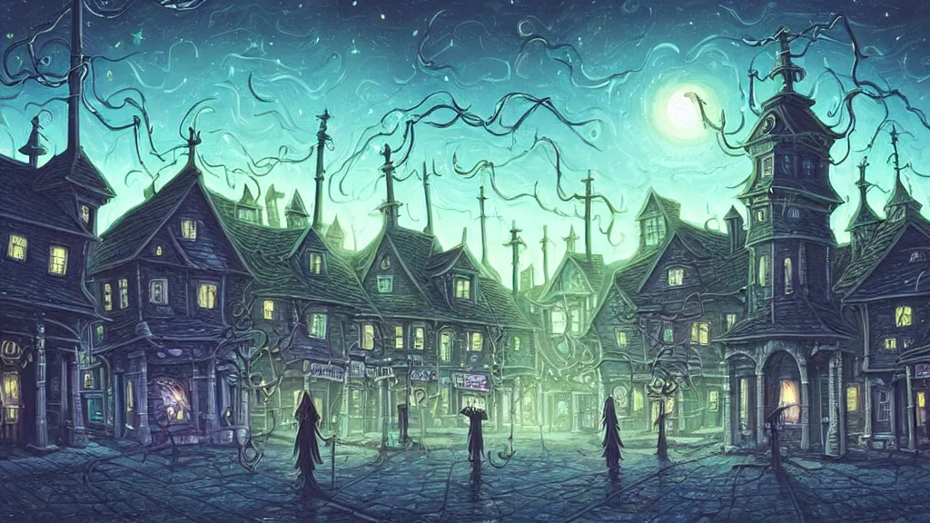 Image similar to a pickle walks in empty lovecraftian town square surrounded by houses and inns.. cthulhu statue.. lovecraftian city at night by cyril rolando and naomi okubo and dan mumford and ricardo bofill.. lovecraft.. cobbled streets.. oil lamp posts.. lovecraftian.. starry night swirly sky.