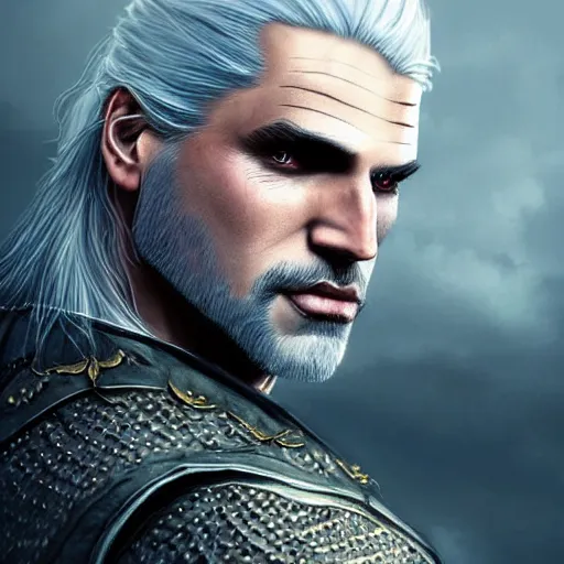 Image similar to dream Geralt of Rivia, golden eyes, silver hair, wolf pedant, 4k, artstation, cgsociety, award-winning, masterpiece, stunning, beautiful, glorious, powerful, fantasy art