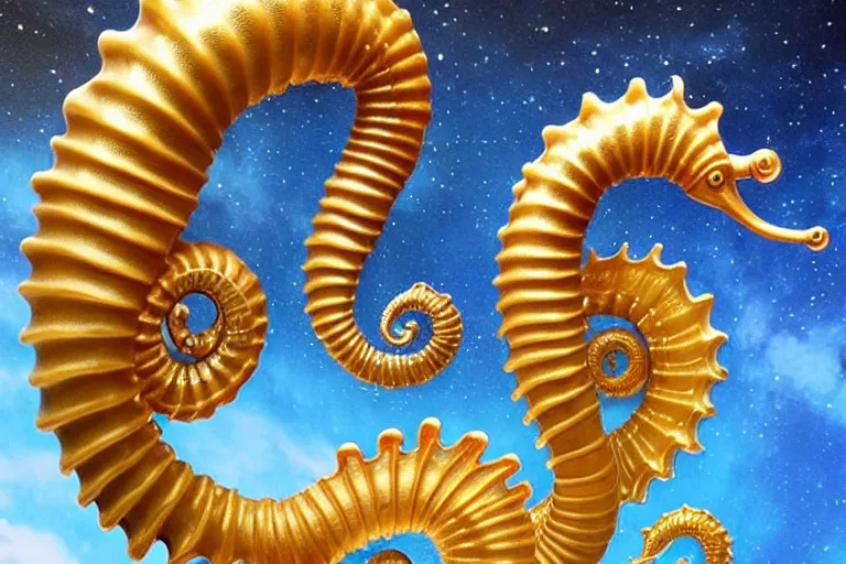 Image similar to a huge flock of many intricate elegant french horn tuba cloud seahorse sculptures, art nouveau japanese garden environment, soothing, milky way, award winning art, epic dreamlike fantasy landscape, ultra realistic,