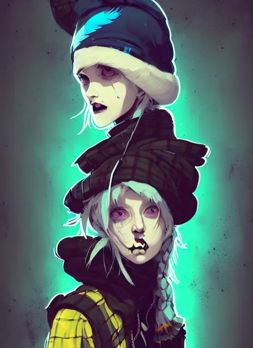 Image similar to highly detailed portrait of a sewer punk lady student, blue eyes, tartan hoody, hat, white hair by atey ghailan, by greg rutkowski, by greg tocchini, by james gilleard, by joe fenton, by kaethe butcher, gradient yellow, black, brown and cyan color scheme, grunge aesthetic!!! ( ( graffiti tag wall ) )