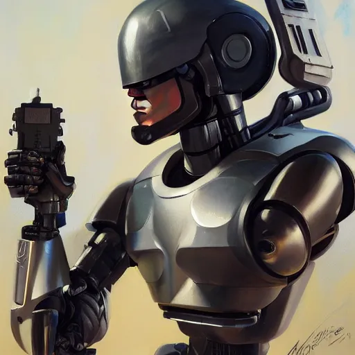 Image similar to greg manchess portrait painting of alex murphy the robocop as overwatch character, 8 0 ies aesthetic, medium shot, asymmetrical, profile picture, organic painting, sunny day, matte painting, bold shapes, hard edges, street art, trending on artstation, by huang guangjian and gil elvgren and sachin teng