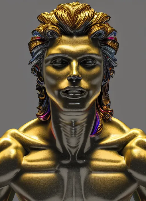 Image similar to stylized rainbow bismuth ornate statue full body made of marble of fabio, perfect symmetrical body, perfect symmetrical face, hyper realistic, hyper detailed, by johannen voss, by michelangelo, octane render, blender, 8 k, displayed in pure white studio room