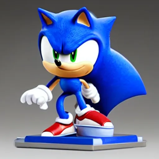 Image similar to Extremely detailed figurine of Sonic the Hedgehog, studio lightning, product photo. The stand is also extremely detailed.