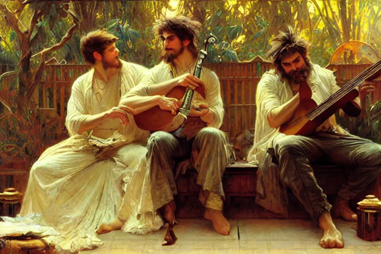 Prompt: 2 attractive men playing music, painting by gaston bussiere, craig mullins, greg rutkowski, alphonse mucha