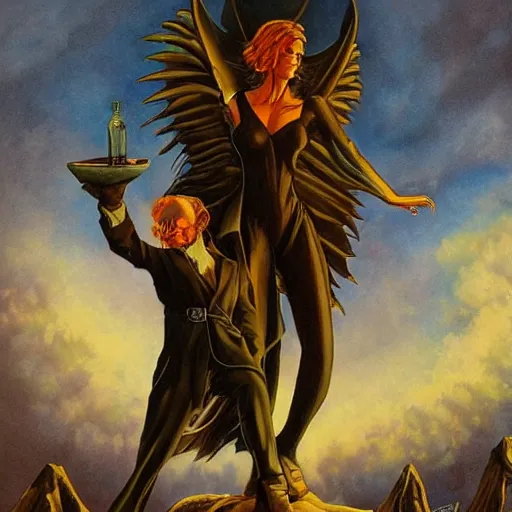 Image similar to painting in style of michael whelan, the dark angel of coffee