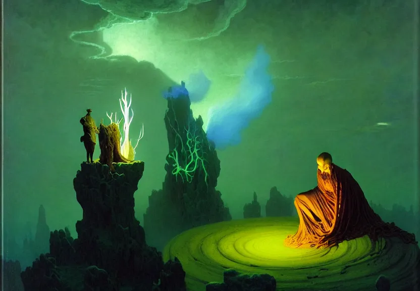 Prompt: the arcanist and the artificer by albert bierstadt and gerald brom and zdzisław beksinski and james gilleard, floating metallic objects, blue flames, low light, glowing green crystals