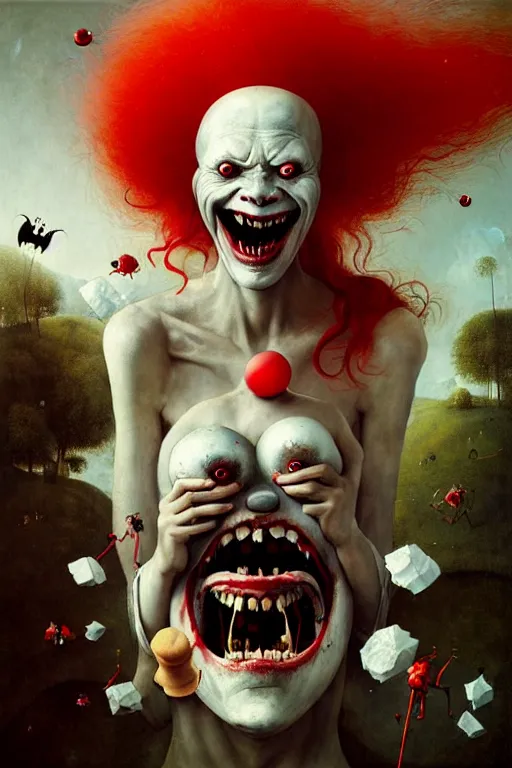 Image similar to hieronymus bosch, greg rutkowski, anna podedworna, painting of thousands of white blobs with red hair laughing at a female vampire clown in a vr headset