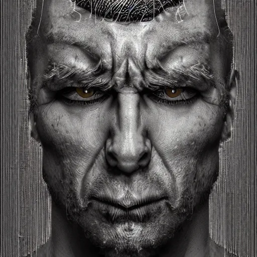 Prompt: illustration of a angry man, created using metal staples, photograph, studio lighting, high quality, high resolution, 3 d illustration, concept art