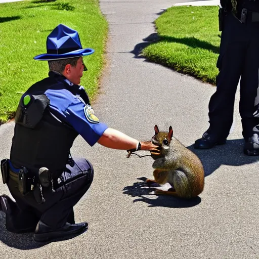 Image similar to a dog-cop ticketing a squirrel with a fine for speeding