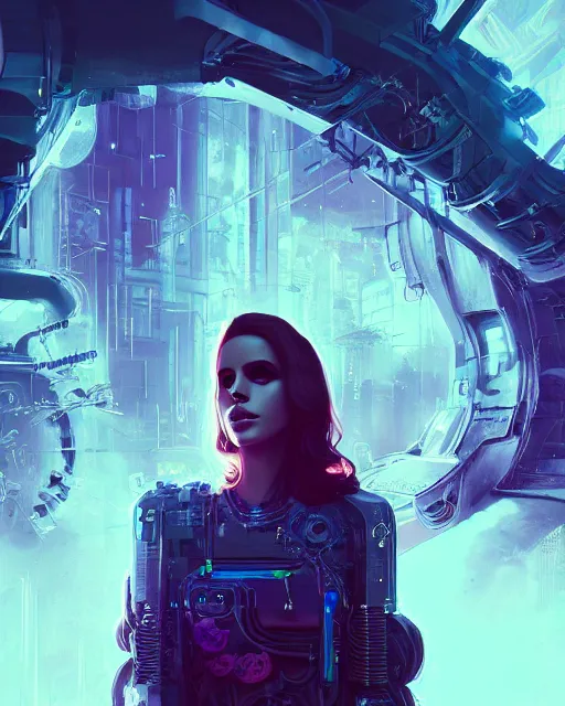 Image similar to portrait of lana del rey as a cyberpunk cyborg. roses, sci - fi, missing panels, intricate abstract upper body intricate artwork, by tooth wu, wlop, beeple, dan mumford. concept art, octane render, deviantart, greg rutkowski, cinematic, key art, hyperrealism, iridescent accents