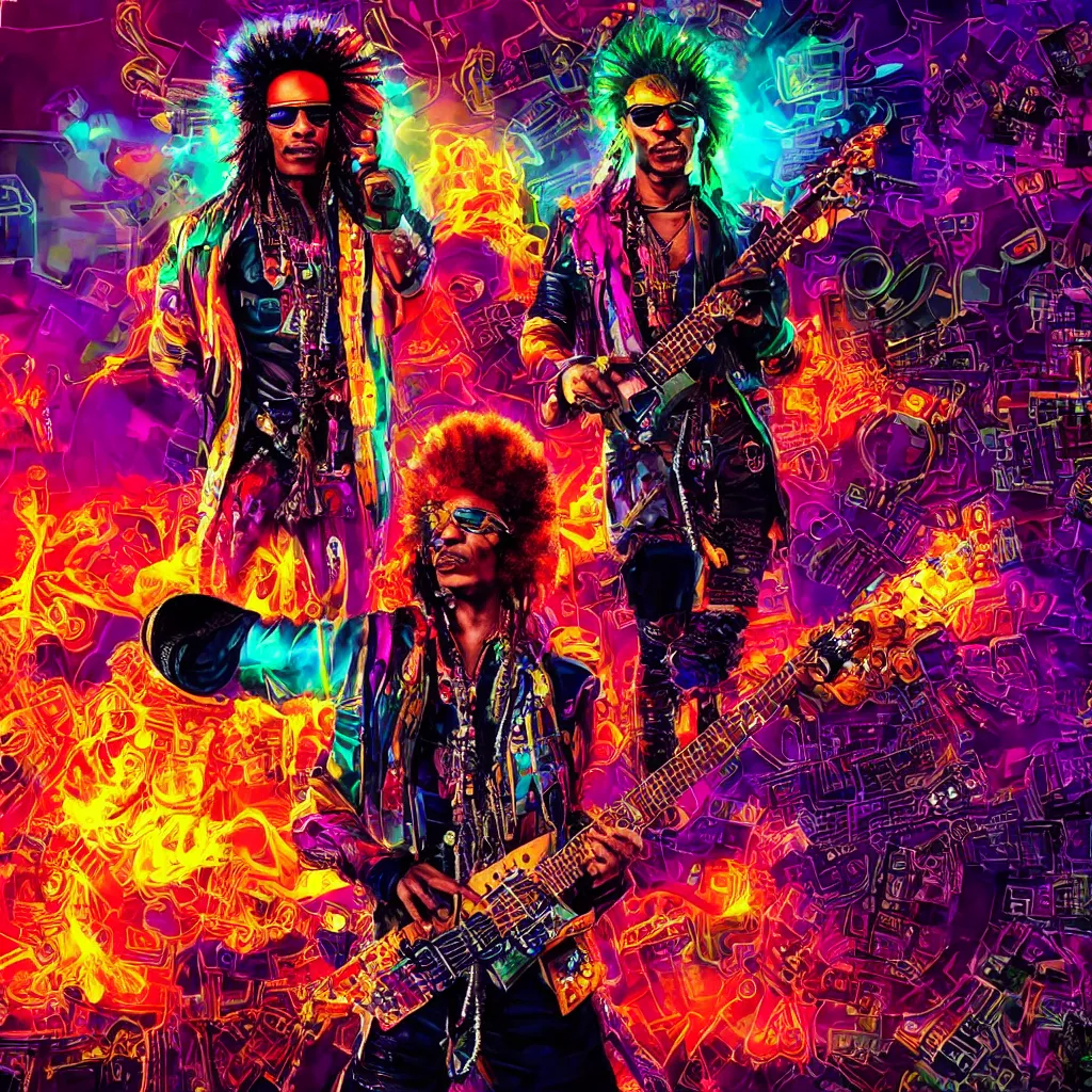 Image similar to Cyberpunk Jimmy Hendrix with Mohawk in the head and using a vr headset while playing guitar in a ring of fire, psychedelic background, saturated colors, high definition