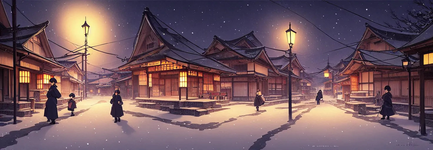 Image similar to empty rural japanese town at night, winter, in the style of studio ghibli, j. c. leyendecker, greg rutkowski, artem