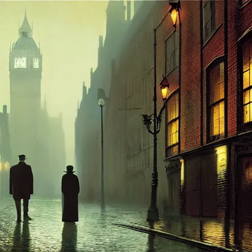 Prompt: Mads Mikkelsen as Sherlock Holmes and John Candy as John Watson walking on the misty streets of London looking for Jack the Ripper, artwork by John Atkinson Grimshaw