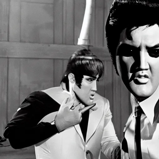 Prompt: elvis guest starring on the batman television series ( 1 9 6 6 ), 3 5 mm production still,