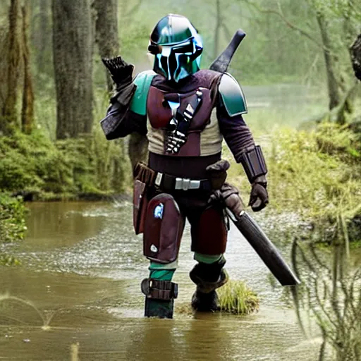 Prompt: mandalorian carrying grogu through swamp, stunning cinematography, light diffusion