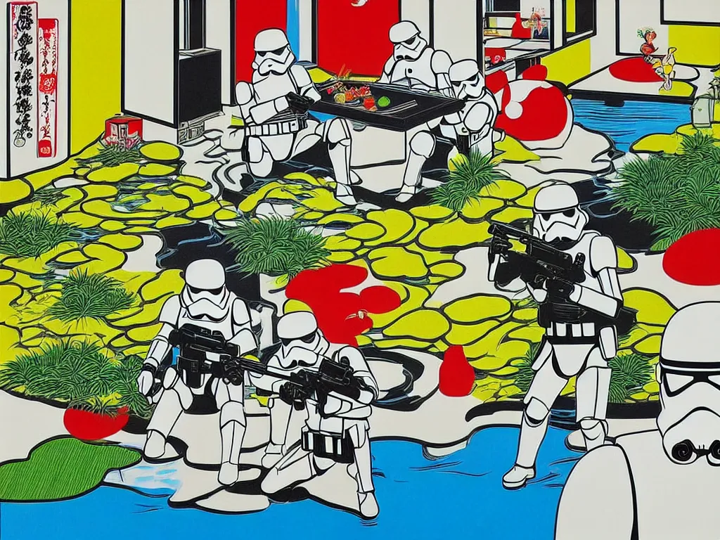 Image similar to hyperrealistic composition of the japanese home with a garden and a pond, 2 stormtroopers sitting around it, pop - art style, jacky tsai style, andy warhol style, roy lichtenstein style, rich palette, acrylic on canvas