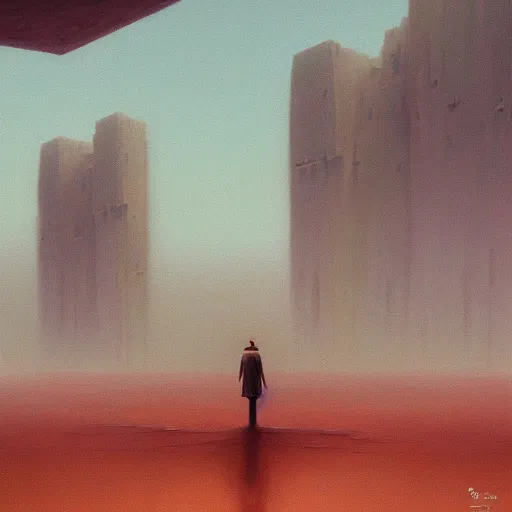 Prompt: loneliness in a city on planet mars by zdzislaw beksinski and tyler edlin and tiffany bozic, muted colors, pastel, detailed, great composition, artstation