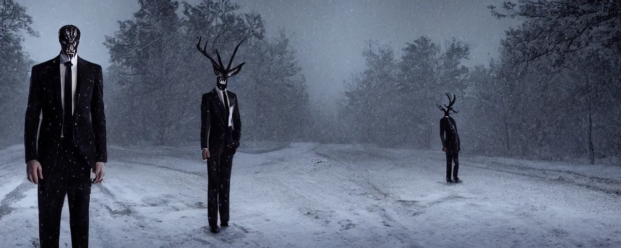 Image similar to Wendigo wearing suit and tie standing in the middle of a snowy street at night, horror, horror photography, cinematic, cinematic lighting, volumetric lighting, atmospheric, octane render, unreal engine, HD, phot, realistic, photo realistic, hyper realistic, hyper realism, photo by Gregory Crewdson, film by Gregory Crewdson,