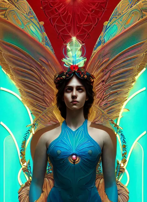 Prompt: nike godess of victory, wings, wax figure, glowing eyes, volumetric lights, red and cyan theme, art nouveau botanicals, intricate, highly detailed, digital painting, artstation, concept art, smooth, sharp focus, cinematic, illustration, beautiful face, art by artgerm and greg rutkowski and alphonse mucha