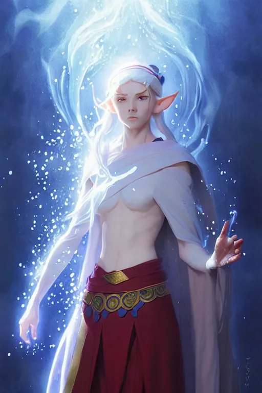 Image similar to elf female sorcerer doing water magic spells, blue robes, red hair, finely detailed perfect face, exquisite details, mid view, design on a white background, by studio muti, greg rutkowski makoto shinkai takashi takeuchi studio ghibli