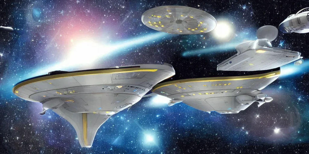 Prompt: star trek`s enterprise spaceshipe flying in a starry outer space