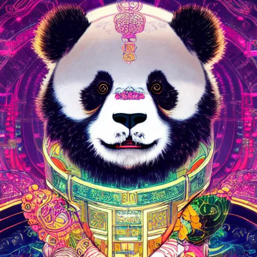 Image similar to a beautiful hyperdetailed character design 4 k wallpaper illustration of a cute panda with a chinese lion dance head victo ngai cyberpunk style, from china, style of studio ghibli, makoto shinkai, raphael lacoste, louis comfort tiffany, artgerm, james jean, ross tran, chinese style